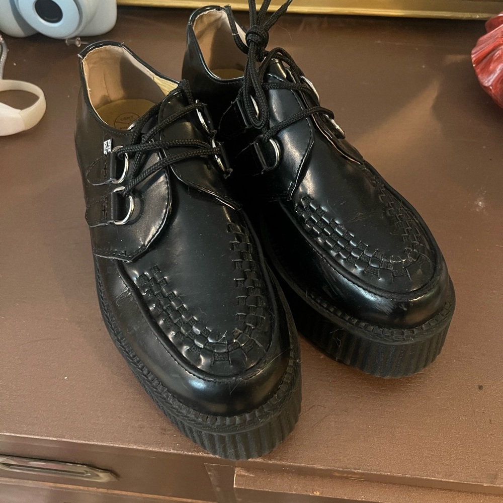 tuk Black Leather Platform Creeper Shoes, Worn Once, Size 9